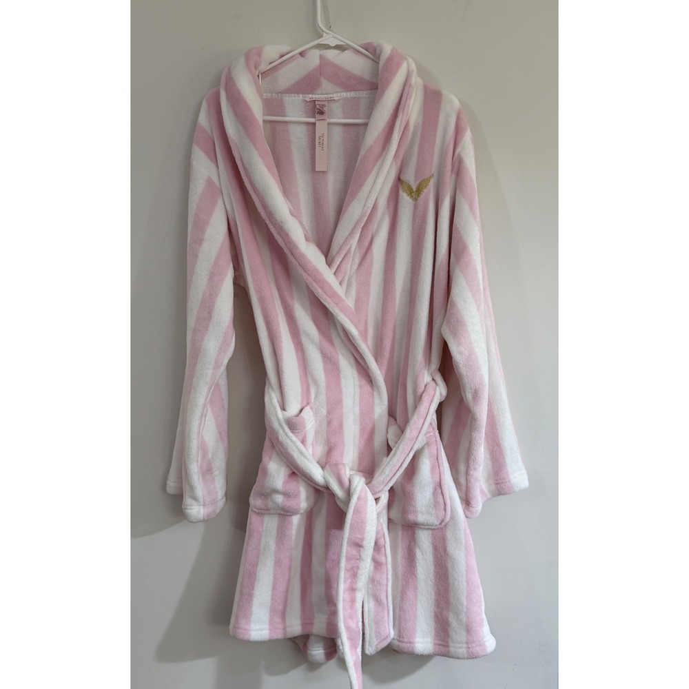 Victorias Secret Pink White Stripe Plush Short Robe Gold Wing Logo M/L NWT